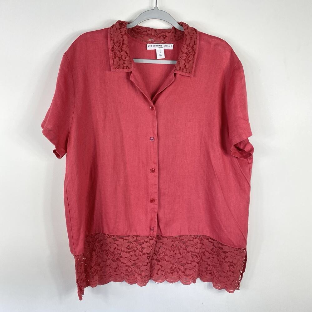 Josephine Chaus Button Top XL Pink 100% Linen Lace Detail Short Sleeve